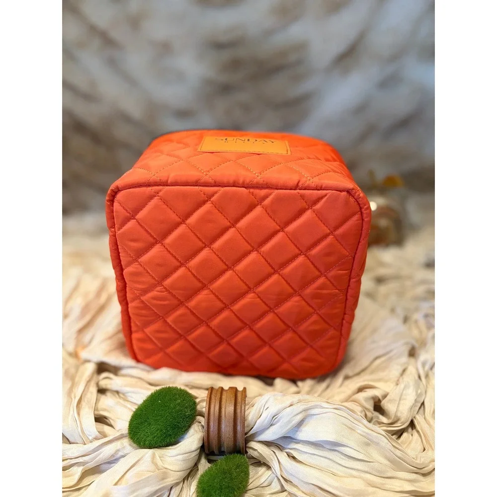 Sunday Riley Orange Quilted Nylon Travel Makeup Bag Vanity Case Zip Closure